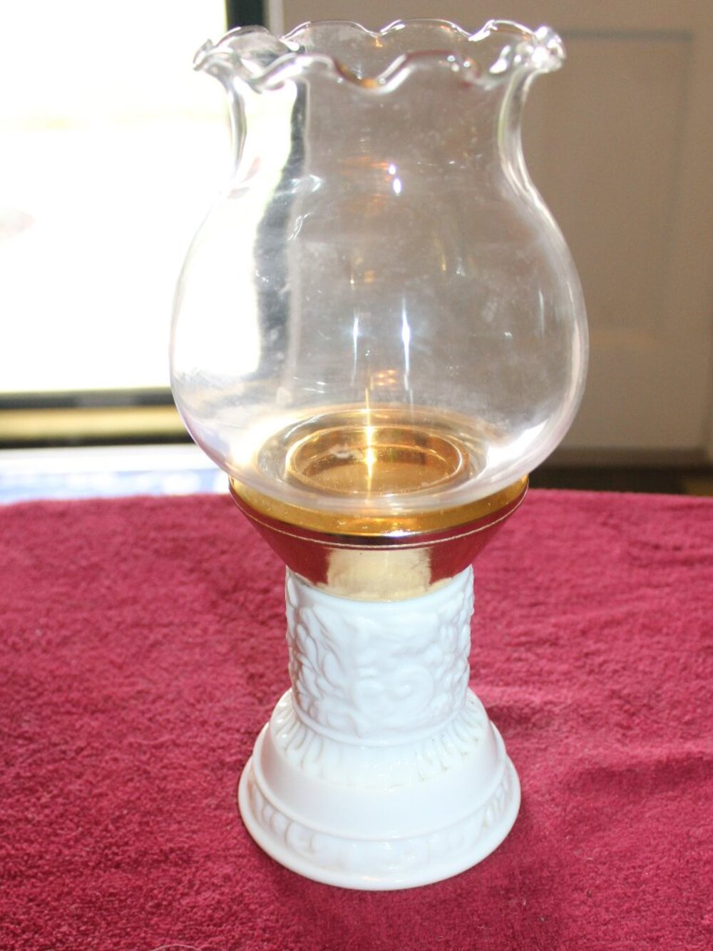 Vintage 1970s Avon milk glass hurricane candle holder and decanter